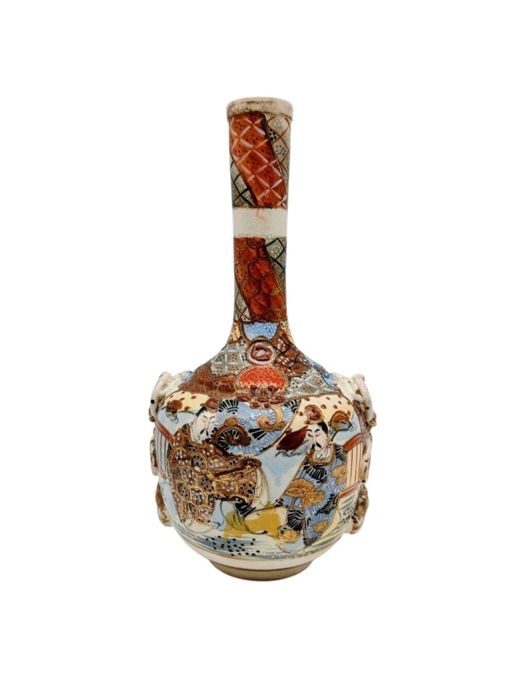 Antique Japanese Satsuma Bottle Vase Molded Ribbon Handles Hand Painted 10.25"